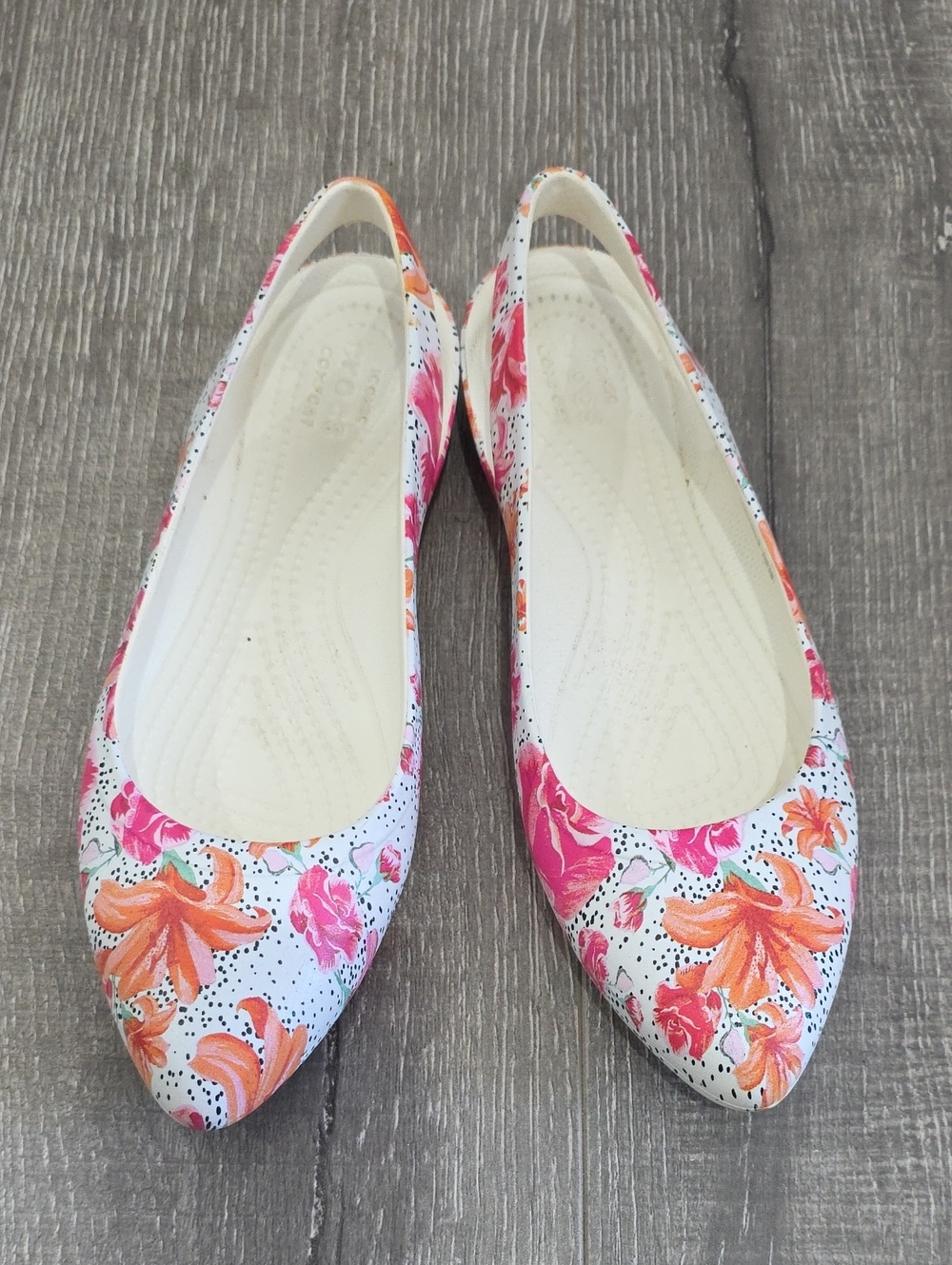 CROCS Floral Pointed Toe Flats - White with Pink & Orange Flowers